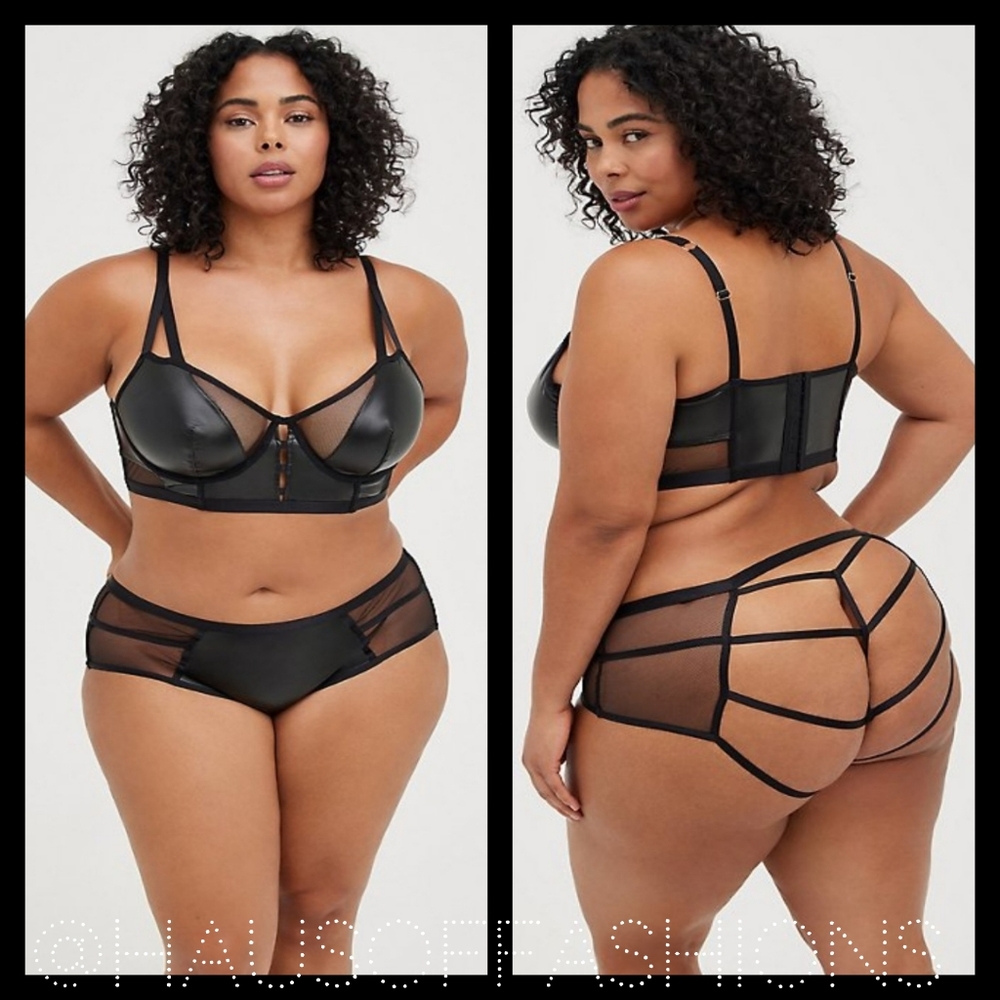 TORRID Black Faux Leather Mesh Underwire Bralette +Matching Mesh Cage Panty! NWT